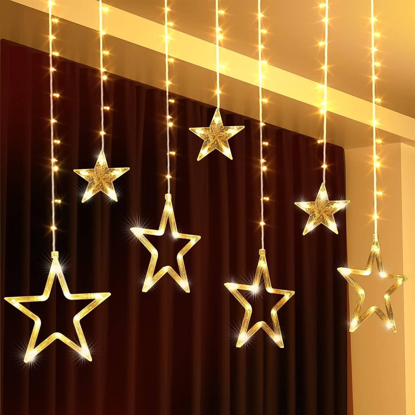 12 Stars LED Curtain String Lights with 8 Flashing Modes for Home Decoration, Diwali & Wedding LED Christmas Light Indoor and Outdoor Light ,Festival Decoration (Warm White / With Box)